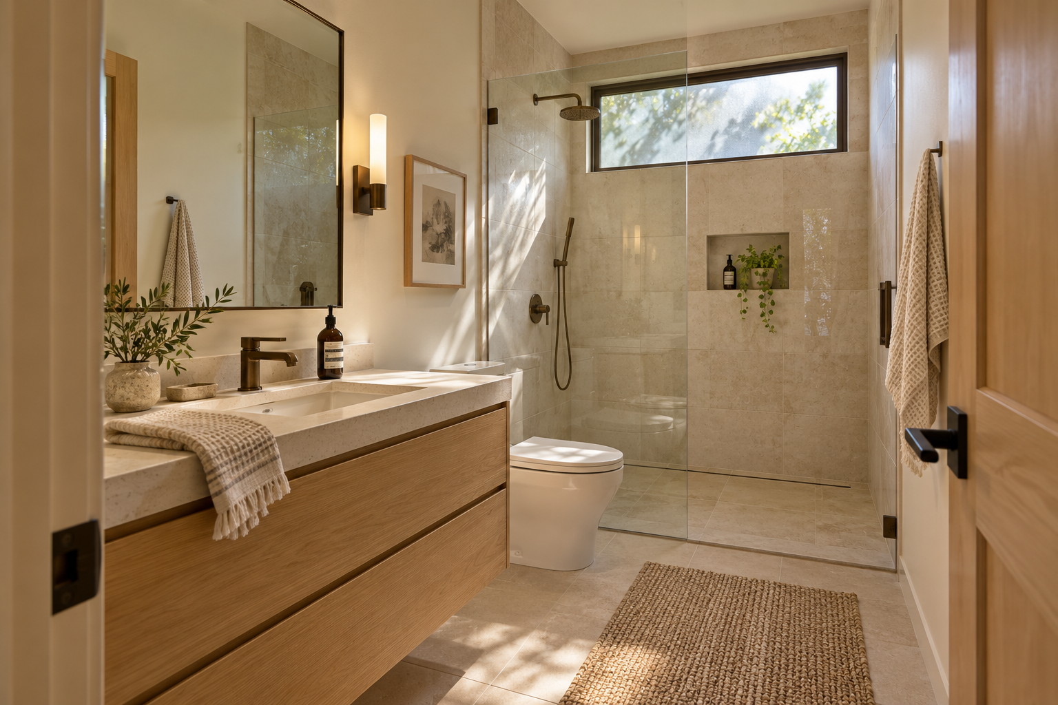 AI-generated concept image of the bathroom with stone-look tile, a wood vanity and a walk-in shower