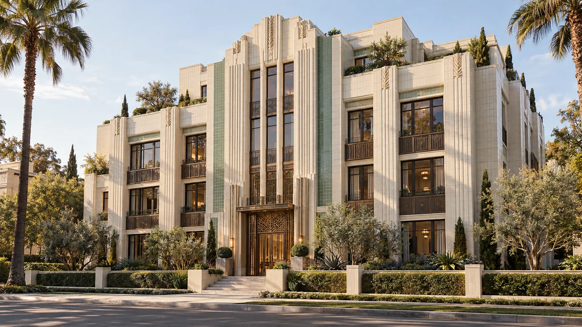 Symmetrical Art Deco residential building concept with stepped four-story facade and vertical fluted pilasters
