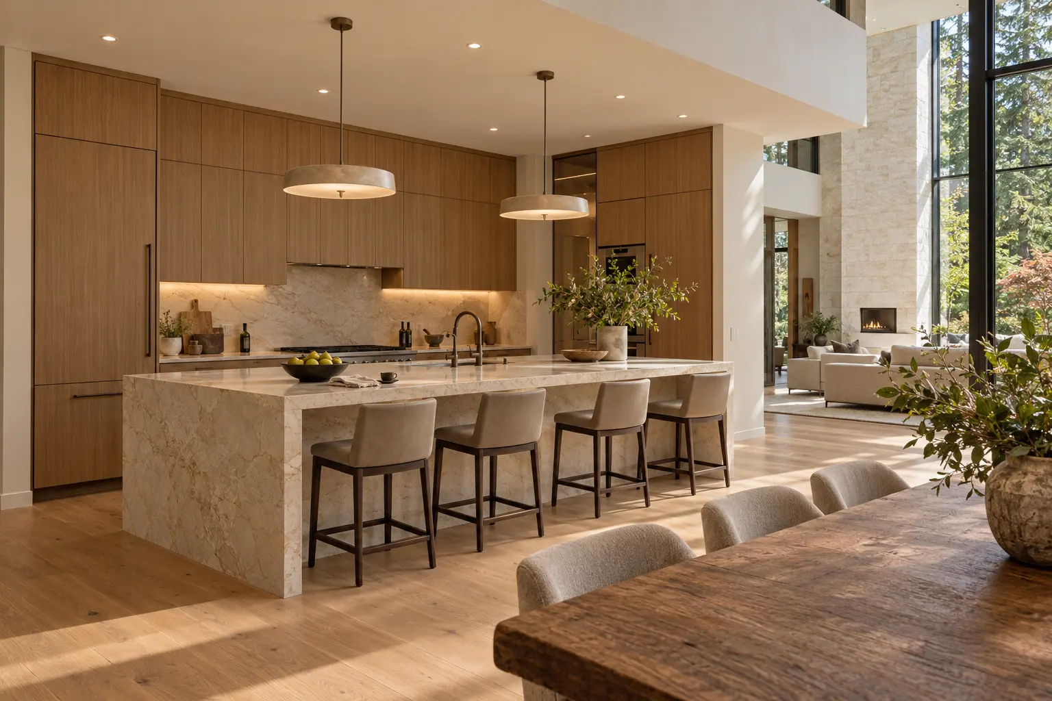 AI-generated concept image of an oak kitchen with a stone waterfall island, four stools and pendant lights open to the living room