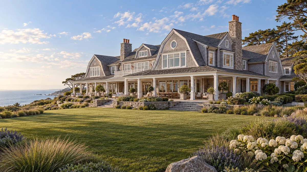 Coastal Shingle Style estate concept with silver-gray cedar, intersecting gabled roofs, veranda and stone chimneys