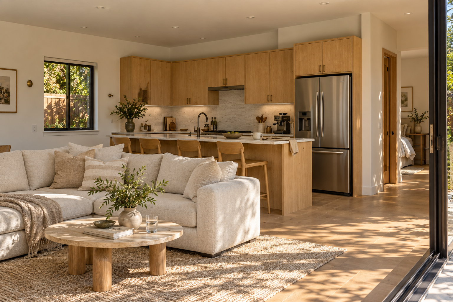 AI-generated concept image of the open living room and kitchen with a compact peninsula and light wood cabinetry