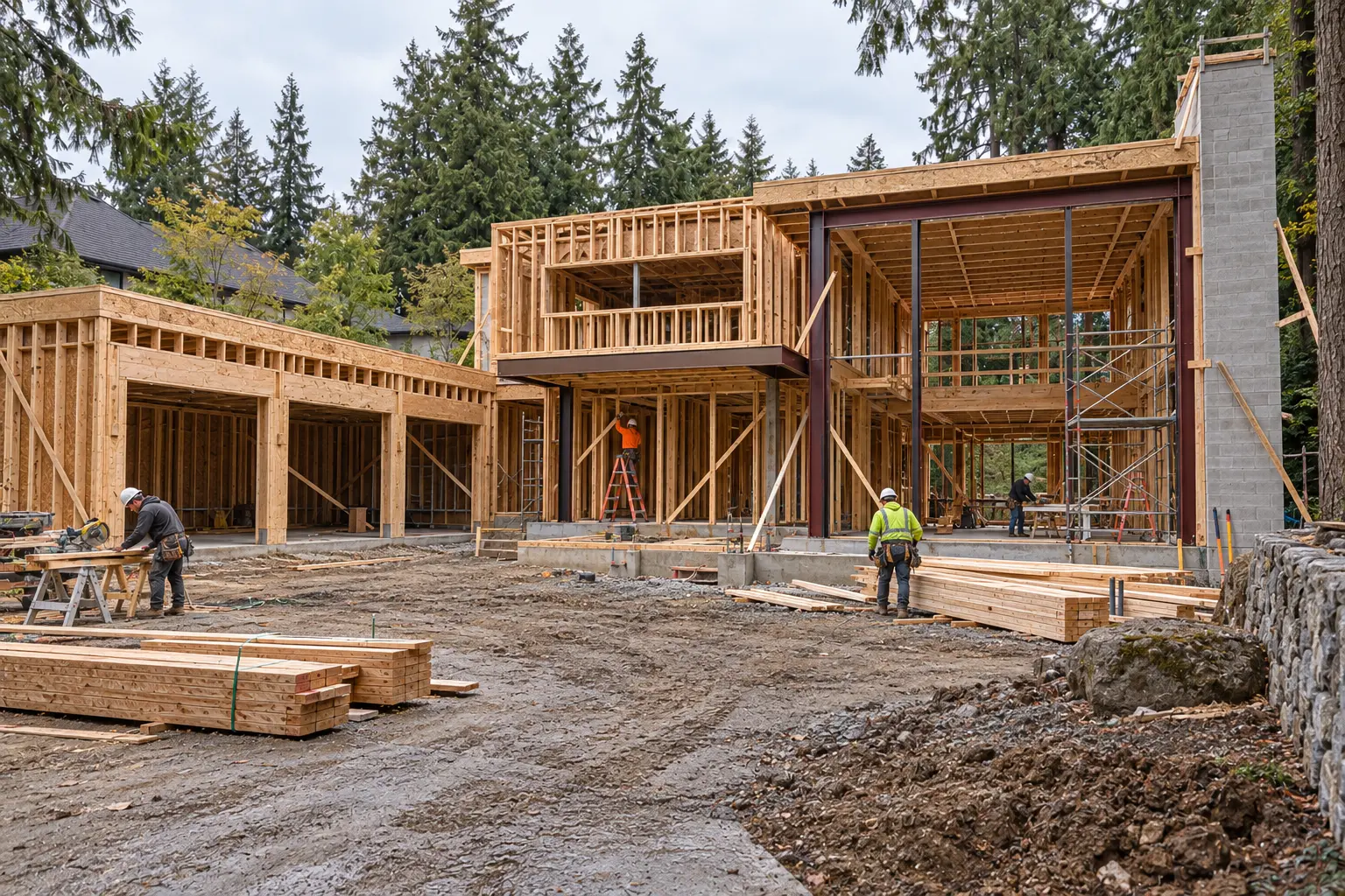 AI-generated concept image of the same residence during framing, with timber walls, steel columns and workers on site