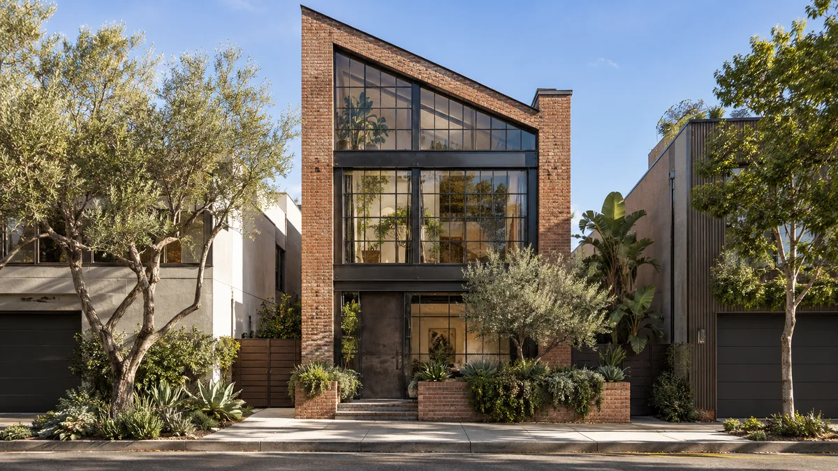 Artist-loft townhouse concept in red brick with black steel glazing and a sloping sawtooth-inspired roof