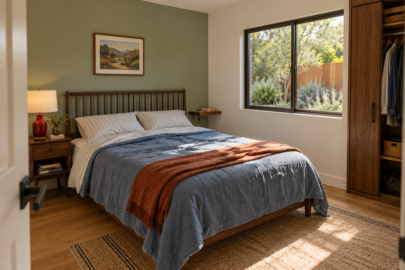 AI-generated concept image of the bedroom with a deep green wall, blue bedding and dark wood furniture