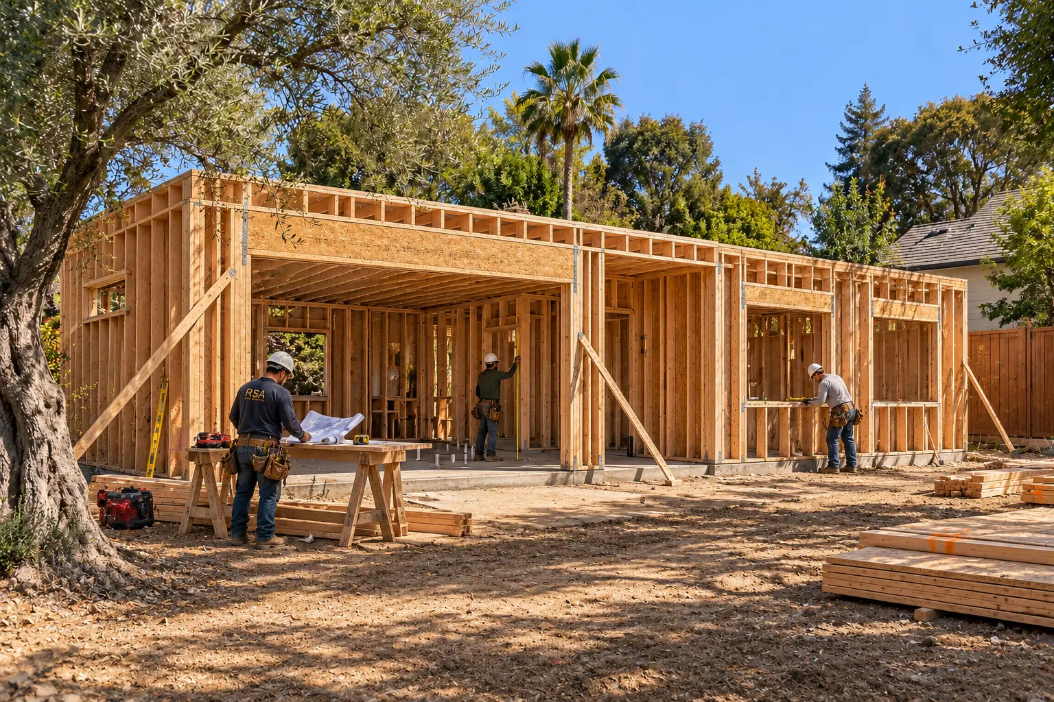 AI-generated concept image of the ADU during framing, with window openings being checked against the plan