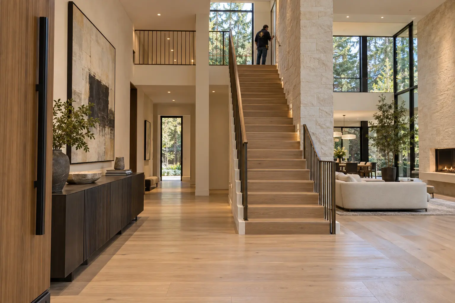 AI-generated concept image of an entry hall with an oak stair beside a stone column and a worker in an RSA shirt checking the upper railing
