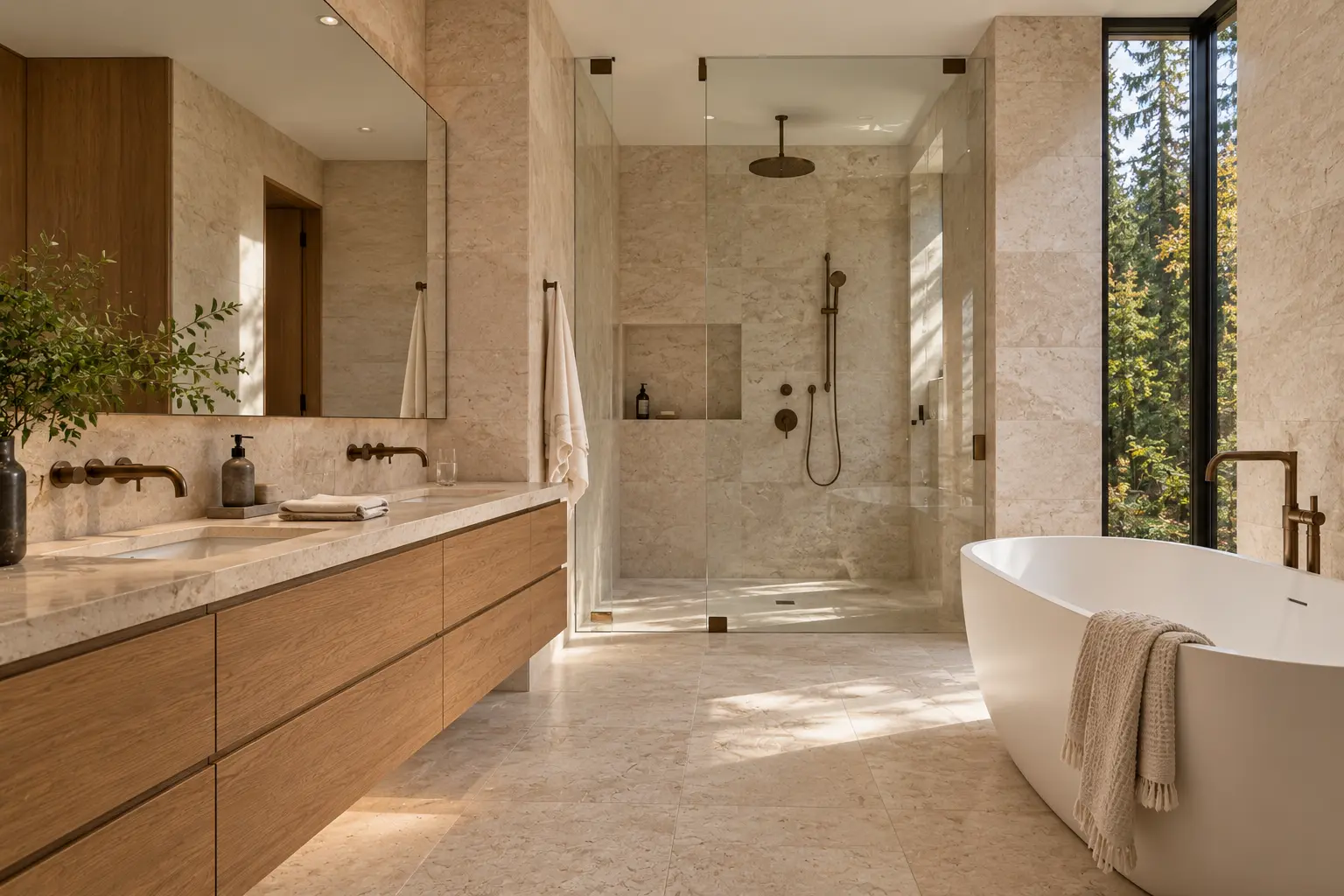 AI-generated concept image of a stone bathroom with a floating oak vanity, glass shower and freestanding tub beside a tall window