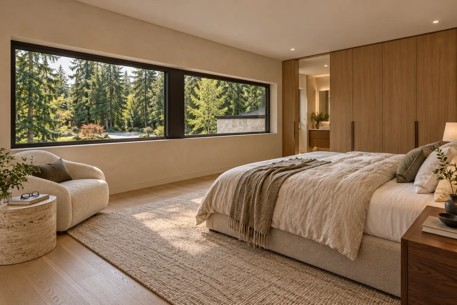 AI-generated concept image of a primary bedroom with a long horizontal window onto trees and full-height oak wardrobes