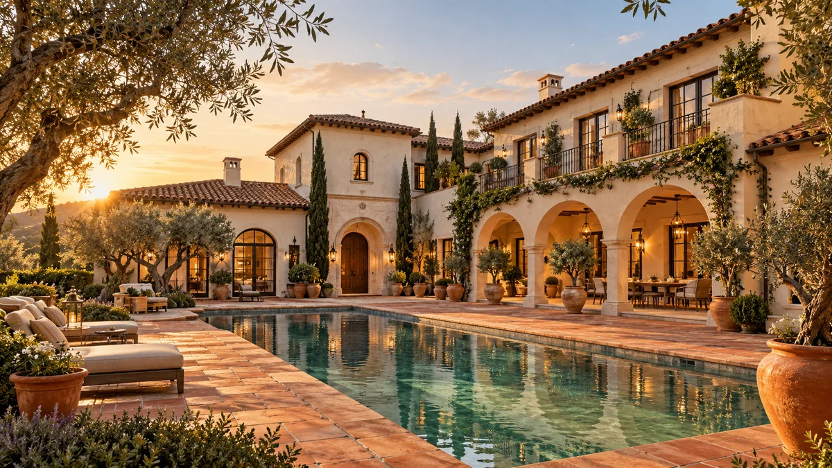 Spanish Colonial Revival concept with clay pitched roofs, arched loggia and terracotta courtyard