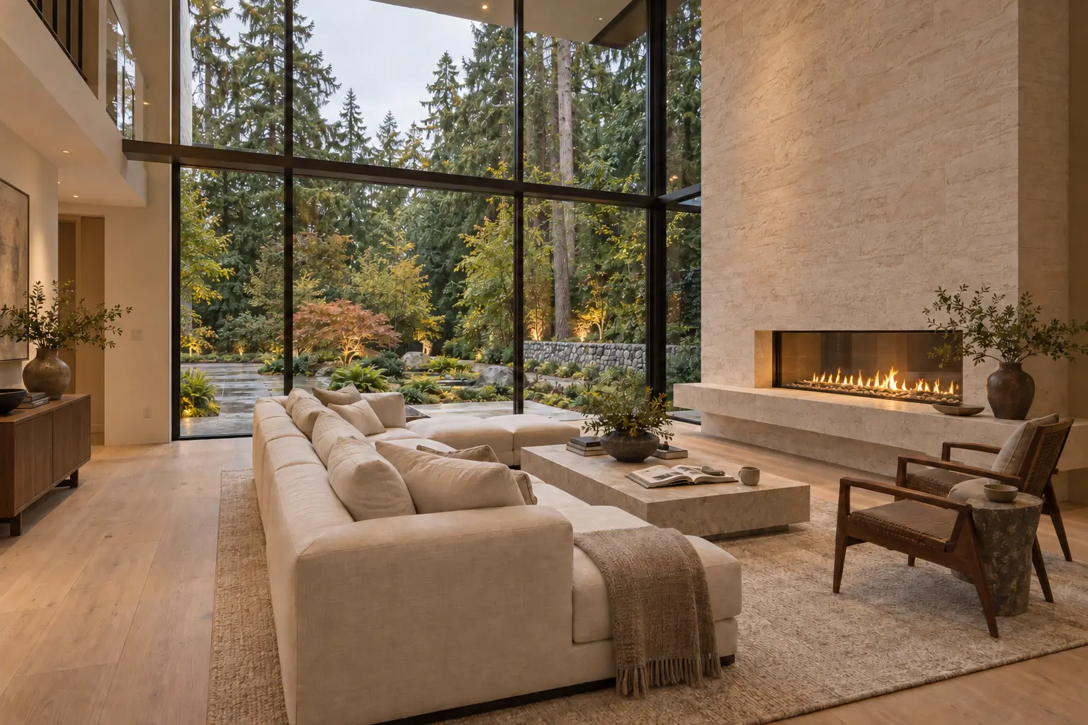 AI-generated concept image of a double-height living room with a linear fireplace in a stone wall and floor-to-ceiling garden glazing